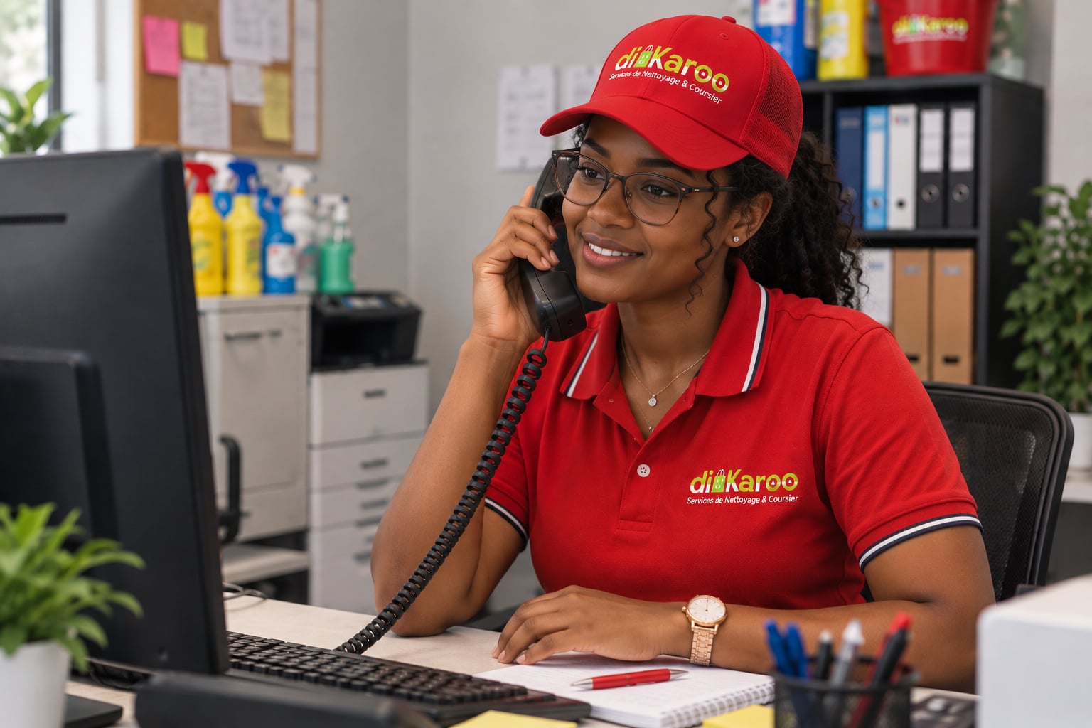 Une coordonnatrice de DIKAROO répond au téléphone à son bureau, dans la lumière du matin
